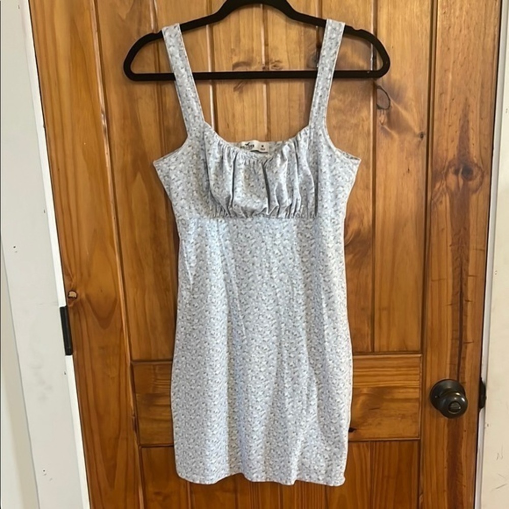 Hollister Blue Floral Knit mini Dress Medium square neck adjustable straps
